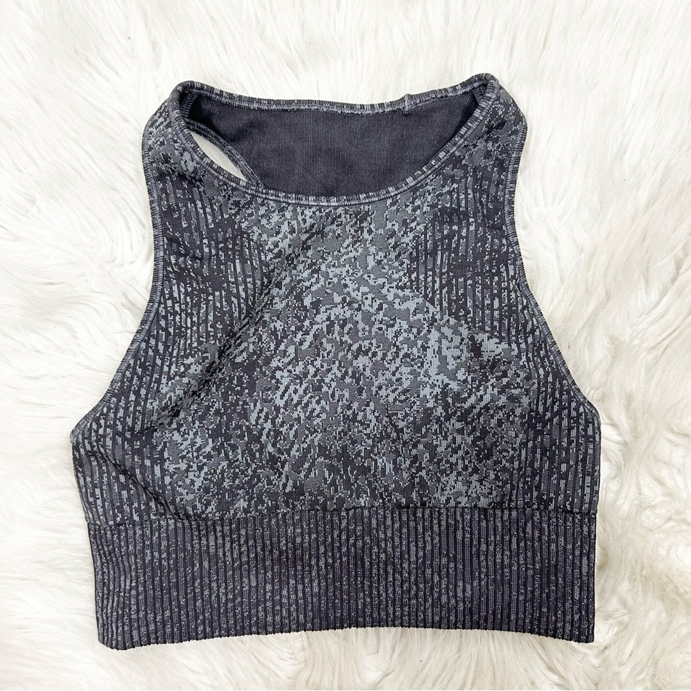 Lululemon Ebb‎ to Train Bra Grey Black Digital Camo High Neck Racerback Size 6